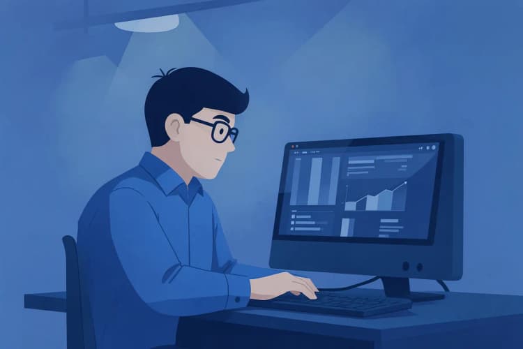 Um homem de óculos e camisa social azul olha atentamente para uma tela de computador com gráficos e números, em um escritório moderno.