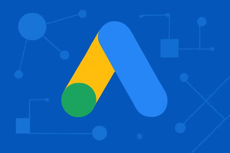 O logo do Google Ads em destaque sobre um fundo azul com elementos gráficos abstratos de redes e conexões.