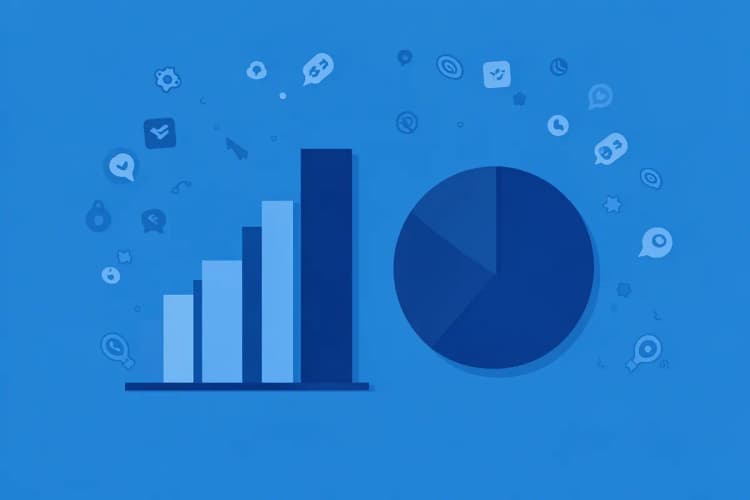 Um gráfico de barras ascendente ao lado de um gráfico de pizza, sobre um fundo azul com ícones de redes sociais e de busca.