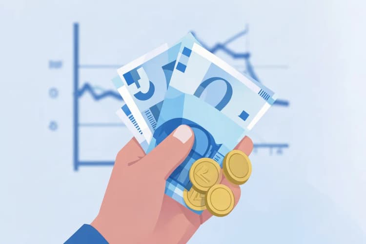 Uma mão segurando várias notas de dinheiro e moedas de euro, com um gráfico de crescimento desfocado ao fundo.