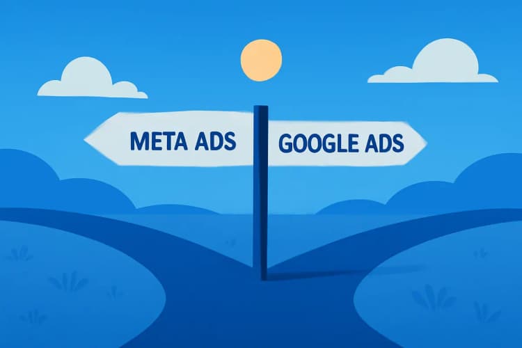 Uma encruzilhada com placas indicando "Google Ads" para a direita e "Meta Ads" para a esquerda, em uma paisagem ensolarada.